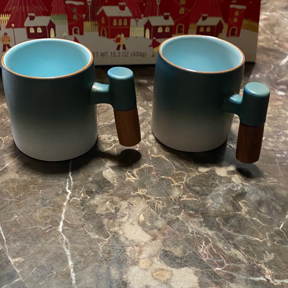 Blue Gradient Ceramic Expresso Mugs with Wooden Handles
